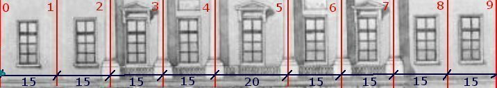 Рисунок этажа, на котором обозначены наружные стены (0,9) и возможные места размещения внутренних перегородок (1-8)