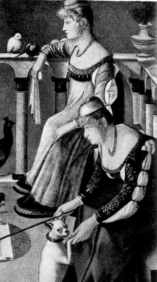 Обе девушки одеты в экстравагантные и дорогие платья с глубокими вырезами и разрезанными рукавами, через которые видно белье. Завитые волосы начесаны на лоб и дополнены накладными волосами