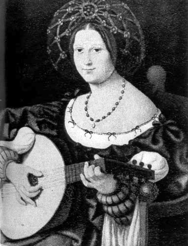 Прическа с тюрбаном была излюбленной в Италии, особенно в XVI веке. На женщине платье с глубоким вырезом и с рукавами, имеющими прорези в запястьях