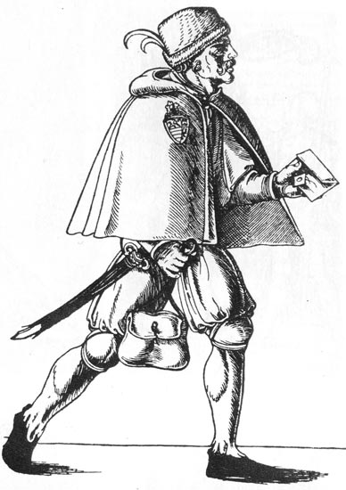  Нюрнбергский купец. Немецкая гравюра 1576 года. В этой одежде купец путешествовал: в штанах, расширенных в коленях, в коротком плаще с капюшоном, напоминающим капюшон тореадора, и с меховой шапкой на голове