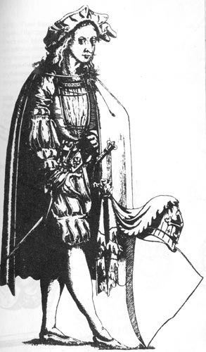  Нюрнбергский торговец. Немецкая гравюра 1610 года. На мужчине, под жилеткой с глубоким вырезом, надета присборенная рубашка. Плащ ассиметрично наброшен на плечи, рукава, штаны, прикрывающие колена, и берет-с разрезами