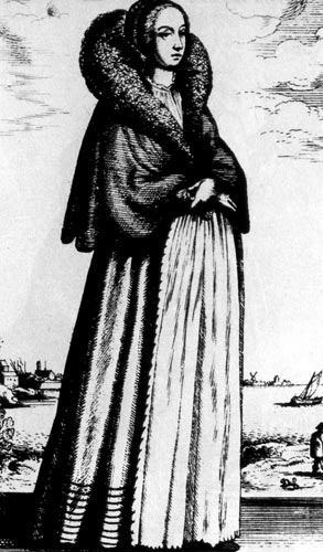  На женщине поверх юбки и фартука надет короткий плащ с пелериной, украшенной коротким меховым воротником