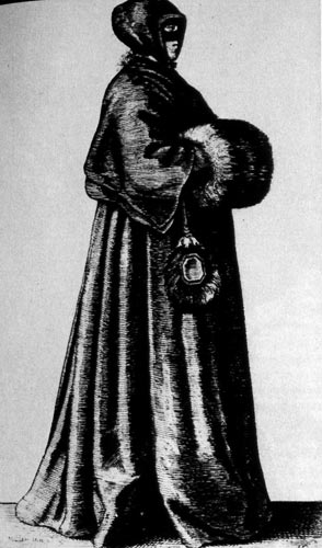 Дама с капюшоном и муфтой. Около 1640 г. У дамы на глазах маска, очень популярная в то время; она одета в плащ с капюшоном, за поясом у неё веер, руки - в меховой муфте