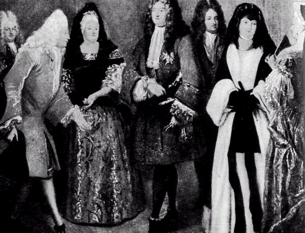 Луи де Сильвестр, Людовик XIV принимает саксонского курфюрста. Музей, Версаль. Церемониальный придворный костюм из парчи, бархата и кружев
