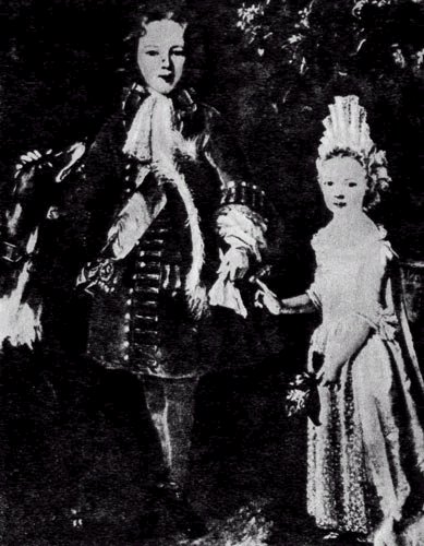 Никола де Ларжильер, Принц Джеймс Франк Эдвард Стюарт и принцесса Луиза Мария Тереза Стюарт. Национальная галерея, Лондон. Детские костюмы копируют моду взрослых: на мальчике надет маленький жюсокор, девочка в платье со шлейфом и с украшением для головы, называемом фонтань