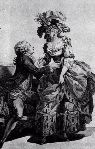 Костюмные зарисовки. Галантная пара во французских придворных одеждах, на мужчине жюсокор с закрепленными фалдами, на даме платье а ля полонэз(аlа polonaise) и шляпа с перьями