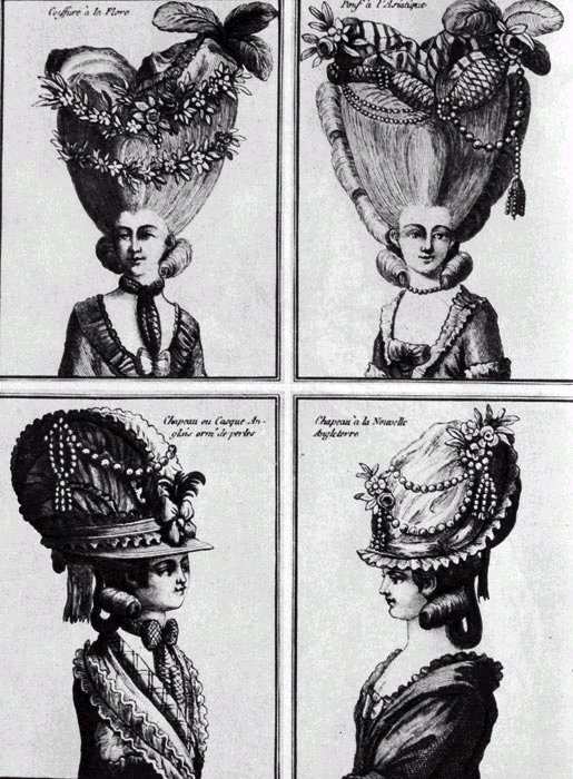 Французские прически после 1776 г. Прическа а ля Флор (ala Flora); пуф а лазиатик (pouf a I'Asiatique); шляпа в виде каски - каск англэз (casque anglaise); шляпа а ля Новель Англетерр (а lа Nouvelle Angleterre)