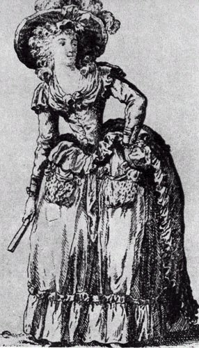 Гравюры из немецкого модного альманаха 1786-1788 гг. Платья рококо с райфроком и воланами дополнены соответствующими шляпами