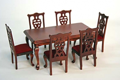 GA-CO-01E. Набор мебели для столовой. Обеденный стол с прямоугольной столешницей и 6 стульев с гнутыми передними ножками и ажурной спинкой. Выпускается в 2 вариантах отделки деревянных поверхностей: цвет красного дерева, белый цвет