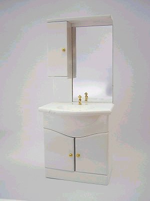 S1-061. Тумба для ванной комнаты со встроенным умывальником и зеркалом. Варианты исполнения: натуральное дерево, окраска в белый цвет. BxSxH(см)=8,0х5,8х18,5